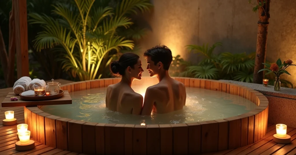 Casal relaxando em ofurô externo iluminado à noite em spa urbano com jardim e velas