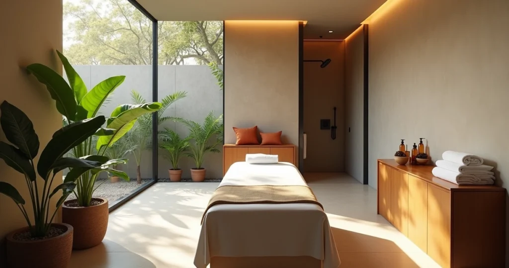 Sala de massagem de spa urbano com luz natural e plantas verdes