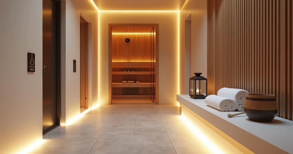 Corredor elegante de spa levando a sauna iluminada em madeira clara