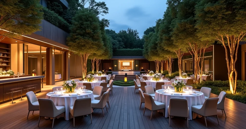 Terraço da Casa Kairós montado para evento ao entardecer no meio da natureza.