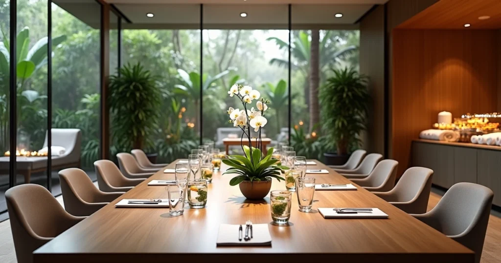Mesa de reunião corporativa em spa cercada por jardim interno verdejante