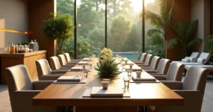 Mesa de reunião elegante cercada por jardim interno em spa urbano