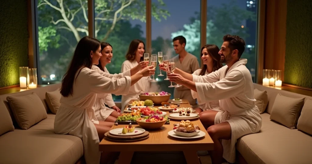 Grupo de amigos brindando em lounge de spa urbano sofisticado