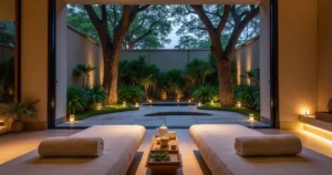 Lounge de spa urbano de luxo com vista para jardim iluminado à noite