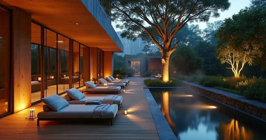 Lounge de spa urbano em São Paulo com jardim interno exuberante ao anoitecer