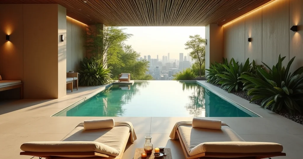 Lounge de day spa urbano em São Paulo com vista para jardim e piscina aquecida