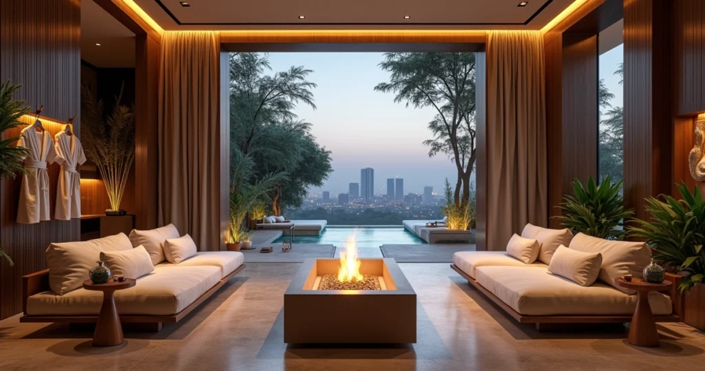 Lounge de spa urbano sofisticado com jardim e skyline ao fundo