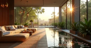 Lounge de spa urbano em São Paulo integrado à natureza ao entardecer