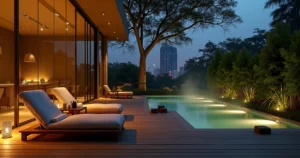 Área de lounge de spa urbano sofisticado em São Paulo à noite