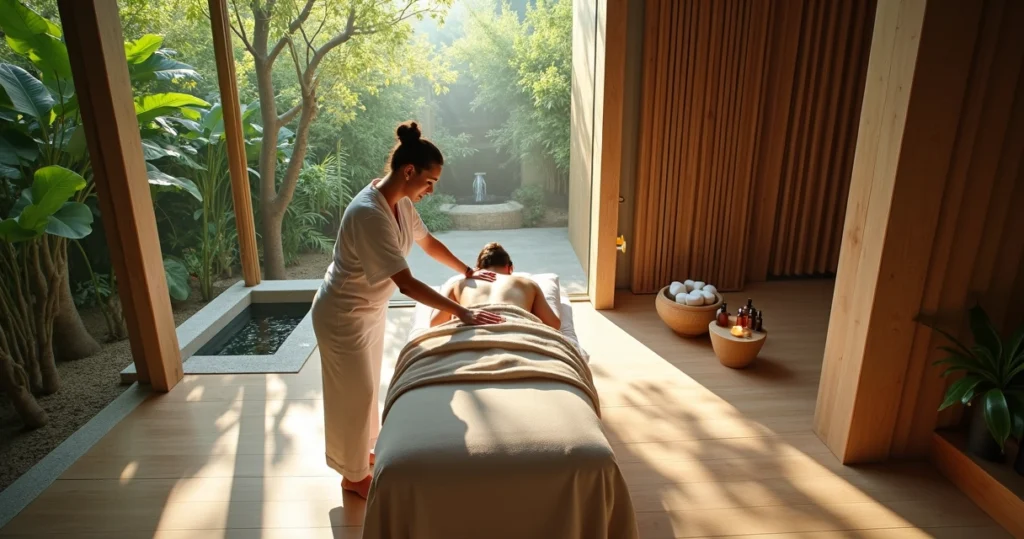 Massoterapeuta fazendo massagem relaxante em spa urbano integrado à natureza