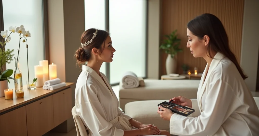 Noiva em robe de seda sendo maquiada em spa urbano elegante
