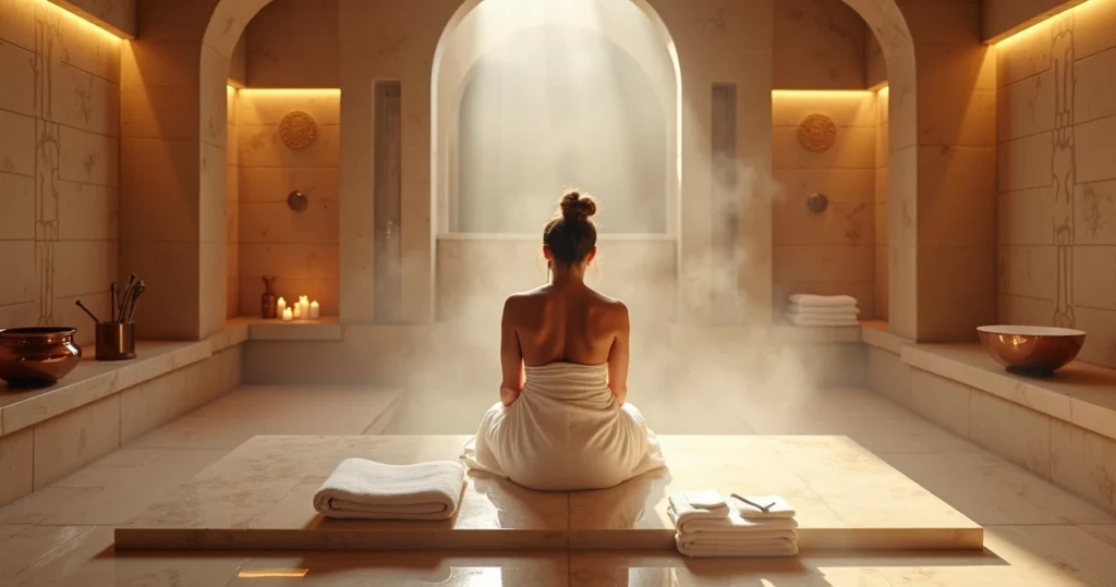 Sala de ritual Hammam com banho de vapor e pedra de mármore central