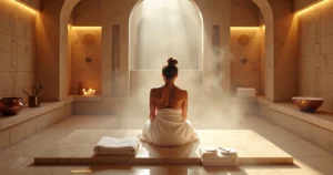 Sala de ritual Hammam com banho de vapor e pedra de mármore central