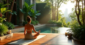 Deck de spa integrado à natureza com mulher em tapete de yoga cercada por vegetação tropical