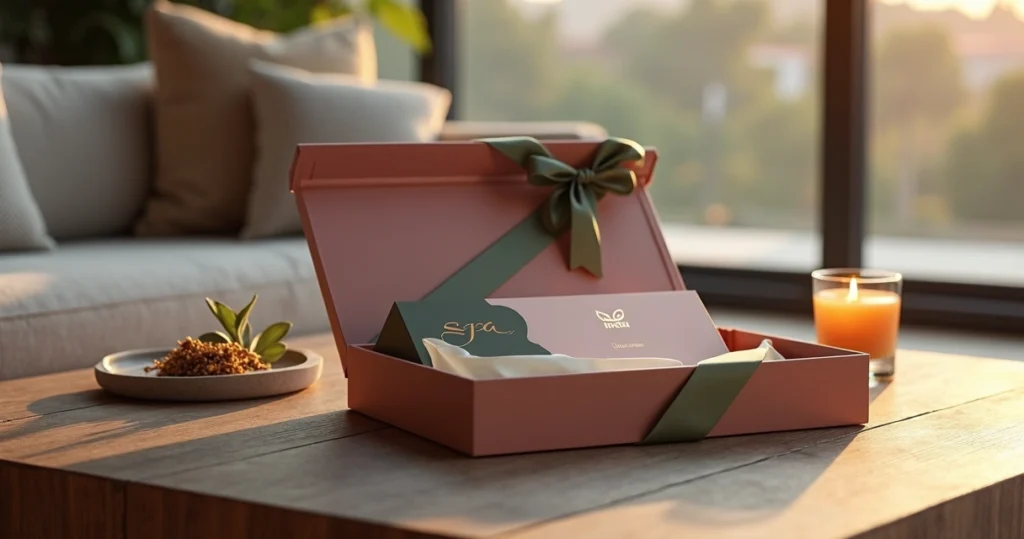 Vale-presente de spa em caixa de presente elegante sobre mesa de centro sofisticada