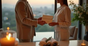 Casal elegante trocando vale-presente de spa em cenário contemporâneo de celebração