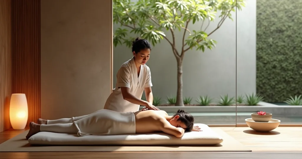 Terapeuta aplicando shiatsu em cliente deitada em spa urbano sofisticado