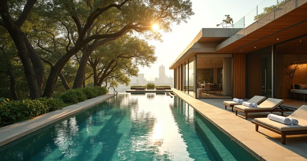 Vista ampla da piscina natural do spa cercada por arquitetura moderna e árvores altas