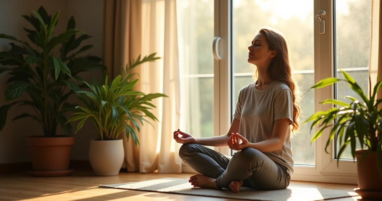 Pessoa praticando pausa de relaxamento em ambiente natural dentro de casa 