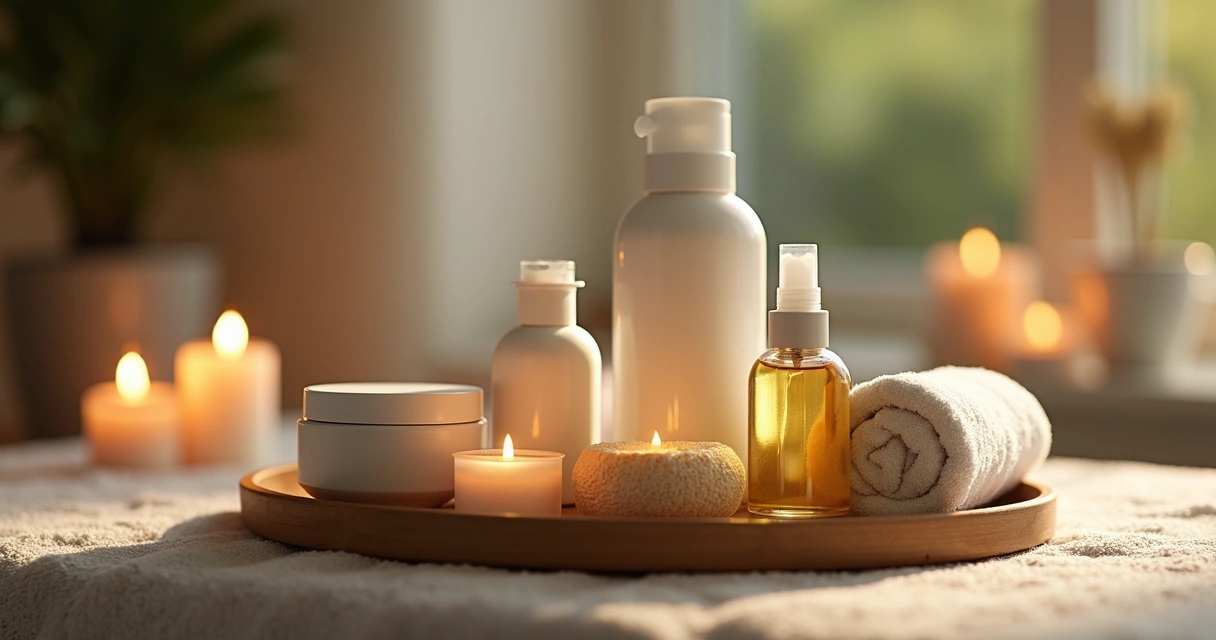 Produtos de cuidados com a pele organizados em ambiente tranquilo 