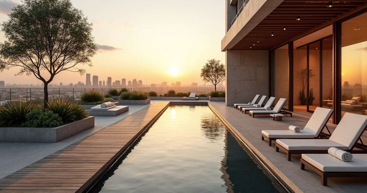 Rooftop de spa urbano com espelho d’água e vista para a cidade ao pôr do sol