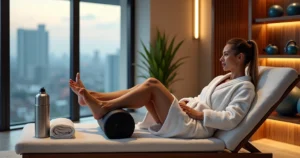 Atleta em roupão relaxando os músculos das pernas em spa urbano de luxo