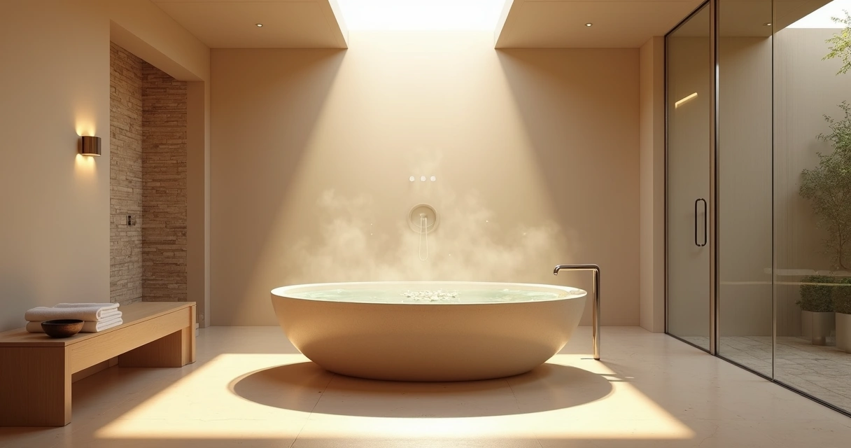 Banho de relaxamento em spa com luz natural suave entrando por claraboia