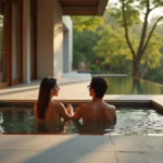 Casal em ofurô de madeira em área externa de spa cercada por muito verde