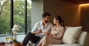 Casal trocando vale-presente em spa urbano sofisticado