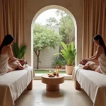 Casal recebendo massagem simultânea em ambiente hammam de spa de luxo