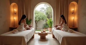 Casal recebendo massagem simultânea em ambiente hammam de spa de luxo