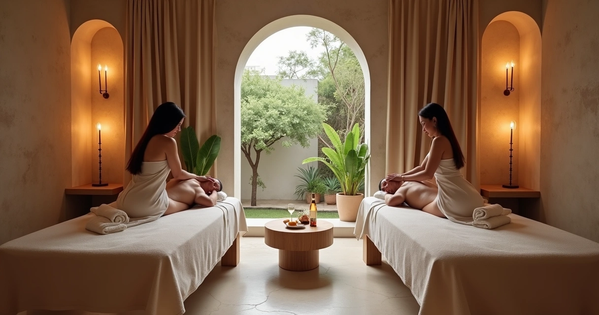 Casal recebendo massagem simultânea em ambiente hammam de spa de luxo