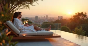 Casal relaxando ao entardecer em rooftop de spa de luxo com natureza ao redor
