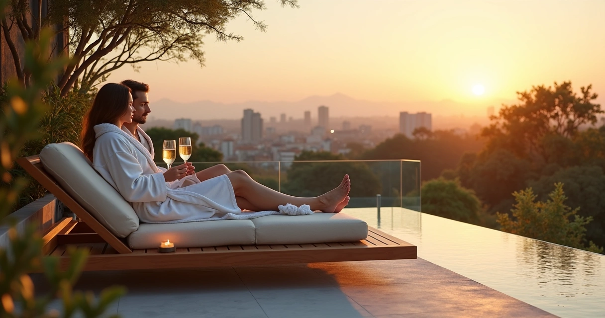 Casal relaxando ao entardecer em rooftop de spa de luxo com natureza ao redor