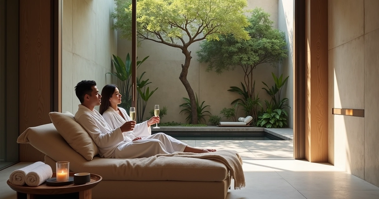 Casal em lounge de spa de luxo brindando com champagne em jardim interno elegante