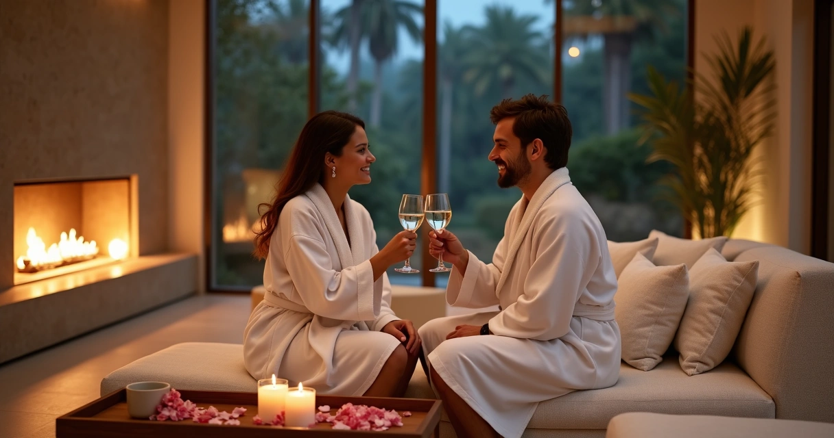 Casal em roupões brancos brindando em lounge de spa com lareira acesa