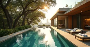 Vista ampla da piscina natural do spa cercada por arquitetura moderna e árvores altas
