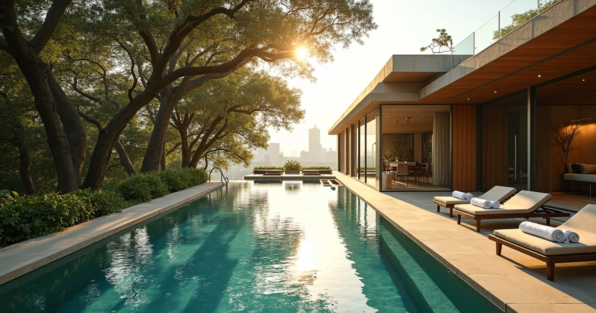 Vista ampla da piscina natural do spa cercada por arquitetura moderna e árvores altas
