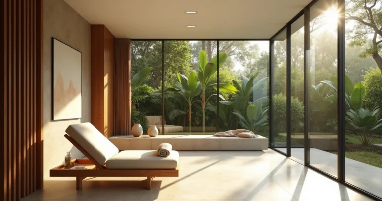 Sala de relaxamento de spa de luxo integrada ao jardim verdejante
