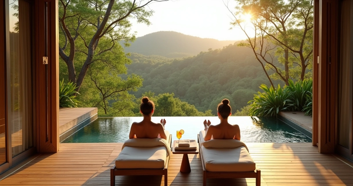 Casal relaxando em espreguiçadeiras em deck de spa com vista para mata