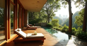 Deck de spa urbano em casa modernista cercada por árvores em São Paulo