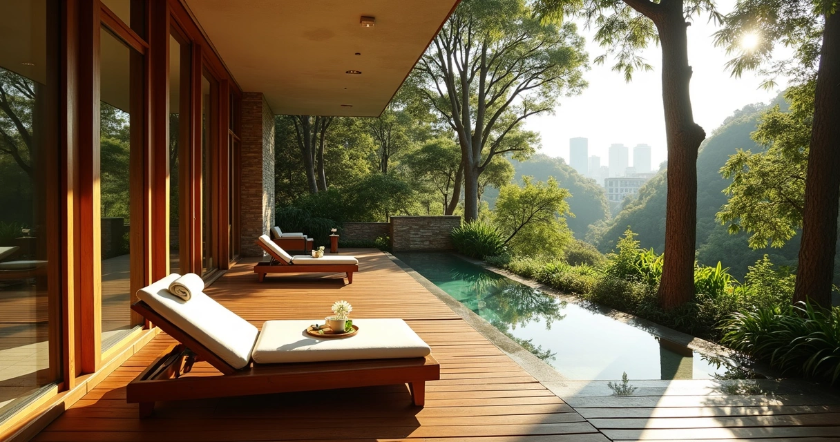Deck de spa urbano em casa modernista cercada por árvores em São Paulo