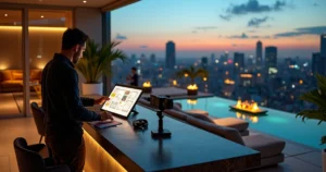 Diretor organiza storyboard em tablet diante de spa urbano de luxo ao anoitecer