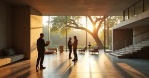 Diretor criativo avaliando locação em spa de arquitetura moderna com equipe de filmagem