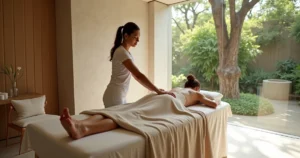 Terapeuta realizando drenagem linfática relaxante em spa urbano de luxo