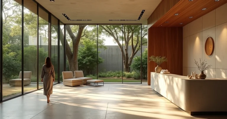 Entrada de spa de luxo em casa moderna integrada a jardim em São Paulo
