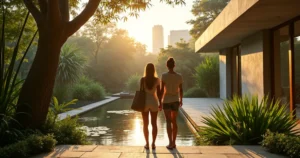 Turistas estrangeiros contemplando jardim tropical em spa cercado por arquitetura moderna
