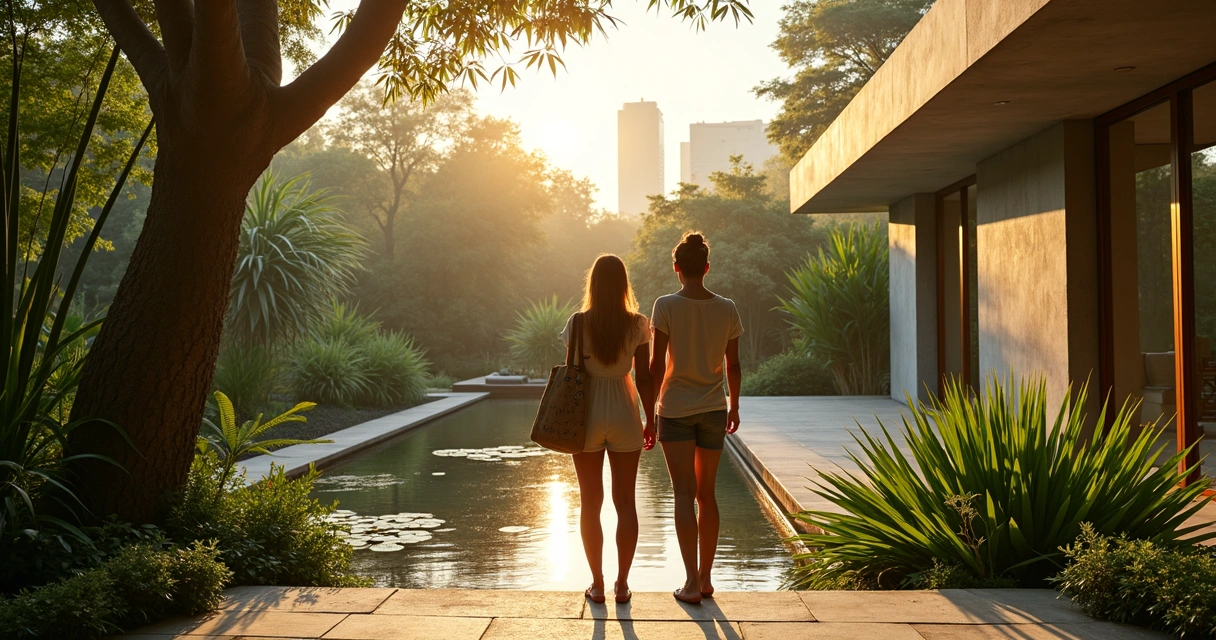 Turistas estrangeiros contemplando jardim tropical em spa cercado por arquitetura moderna