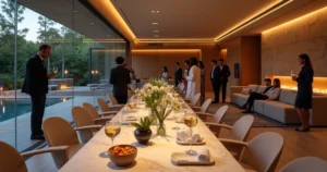Grupo em coquetel elegante em lounge de spa urbano de luxo