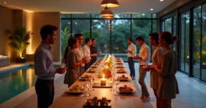 Grupo em evento corporativo de fim de ano em spa de luxo próximo à piscina interna